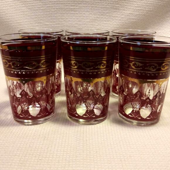 6 Vintage Moroccan Style Tumbler Tea Drinking Glasses Gold & Burgundy Filigree - Picture 1 of 12